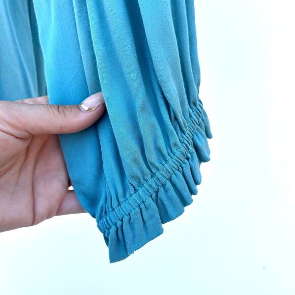 Sundance Pleated Peasant Blouse Ruffle Shoulder Silk Teal Blue Large Top - Picture 6 of 7